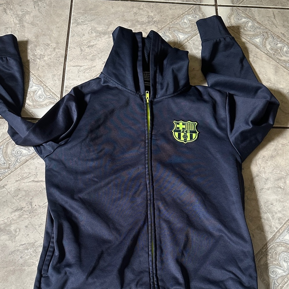 Kids Navy Blue Hooded Zip-Up Jacket with Neon Crest